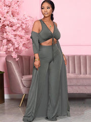 Three Piece Solid Color V Neck Pants Suit