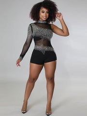 Mono corto con cremallera y retazos de malla de diamantes de imitación