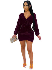 Deep V Neck Bodycon Off Shoulder Ruched Mini Dresses