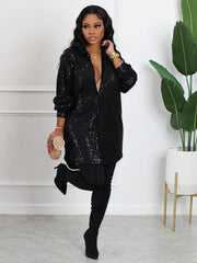 Pailletten Revers Knopf Hemd Minikleider