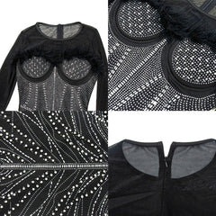 Minivestidos con plumas y retazos de malla y diamantes de imitación