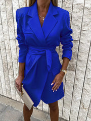 Long Sleeve Solid Color Belted Blazer Dresses