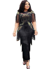 Vestidos largos ajustados con borlas y sin mangas con parches de lentejuelas