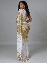 Einschultriges, figurbetontes Maxikleid aus Netzstoff