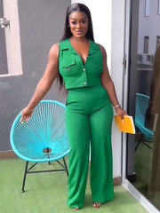 Conjunto de chaleco y pantalones largos con cuello polo de color liso