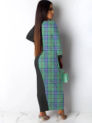Long Sleeve Plaid Print Patchwork Maxi Dresses