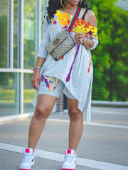 Two Piece One Shoulder T-Shirt Bodycon Shorts Set