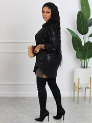 Pailletten Revers Knopf Hemd Minikleider