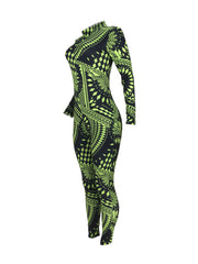 Long Sleeves Zipper Figure Print Bodycon Jumpsuits