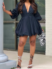 Minivestidos fruncidos con mangas largas abullonadas y escote en V profundo