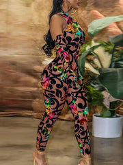 Ärmelloser, figurbetonter Jumpsuit aus Netzstoff mit Blumendruck