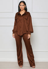 Two Piece Satin Shirt & Long Pants