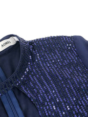 Mesh Long Slit Sleeve Sequin Patchwork Midi Dresses