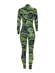 Long Sleeves Zipper Figure Print Bodycon Jumpsuits
