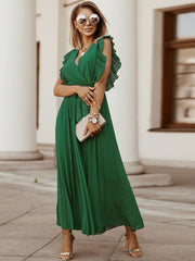 V Neck Ruffle Belted Pleated Maxi Dresses