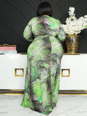 Vestidos maxi de manga larga con estampado de hojas en tallas grandes