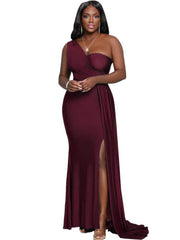 Vestidos largos fruncidos con abertura y un solo hombro sin mangas