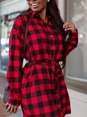 Long Sleeve Plaid Print Mini Dresses