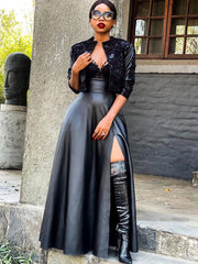 High Waist PU Split Maxi Skirts