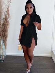 Kurzarm Button Down Split Shirt Minikleider