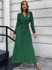 Long Sleeves Belted Pleated Maxi Dresses