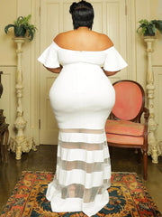 Vestidos largos ajustados con retazos de malla y hombros descubiertos