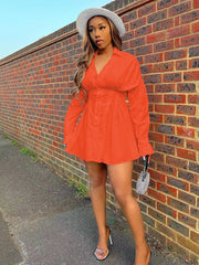 Minivestidos fruncidos de manga larga con escote en V profundo y solapa