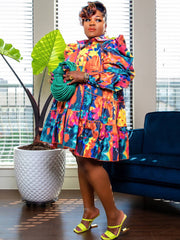 Long Sleeve Tie Dye Ruffle Mini Dresses