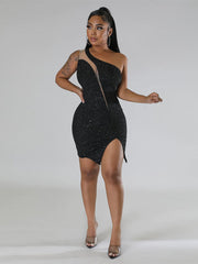 One Shoulder Sleeveless Mesh Sequin Bodycon Mini Dresses