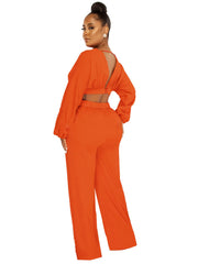 Two Piece V Neck Crop Top & Wide Leg Pants