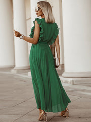 V Neck Ruffle Belted Pleated Maxi Dresses