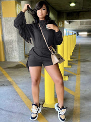 High Collar Long Sleeve Fringe Crop Top & High Waist Shorts