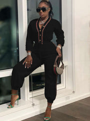 Long Sleeves Button Drawstring Jumpsuits