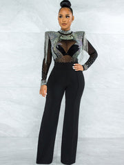 Mesh Long Sleeve Sequins Fringe jumpsuits