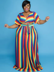 Two Piece Short Sleeve Crop Top & Striped Skirts