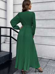 Long Sleeves Belted Pleated Maxi Dresses