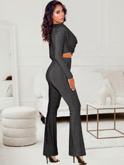 Glitzerndes Crop Top mit Wasserfallausschnitt, Schlaghose und langer Hose