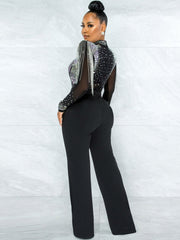 Mesh Long Sleeve Sequins Fringe jumpsuits