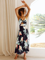 Floral Print V Neck Backless Maxi Dresses
