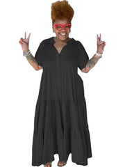 Short Sleeves Button Ruffle Maxi Dresses