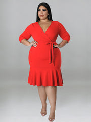 V Neck High Waist Ruffle Swing Midi Dresses