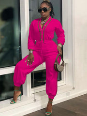 Long Sleeves Button Drawstring Jumpsuits