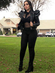 PU-Lederjacken mit Rüschen und langen Ärmeln