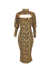 Long Sleeves Leopard Primt Midi Dresses