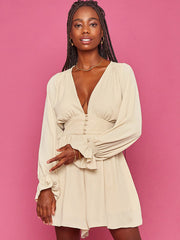 Minivestidos lisos con cuello en V y manga larga