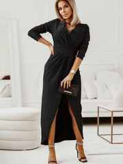 Long Sleeves Ruched Asymmetrical Maxi Dresses