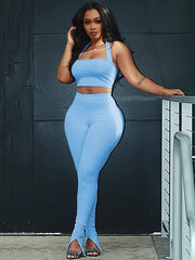 Two Piece Solid Color Tube Tops+Skinny Flare Pants Sets