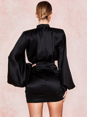Long Sleeves Mock Neck Ruched Mini Dresses