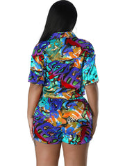 Two Piece Printed Short Sleeve Shirt Shorts Set