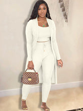 Conjunto de tres piezas con cárdigan abierto y pantalones largos